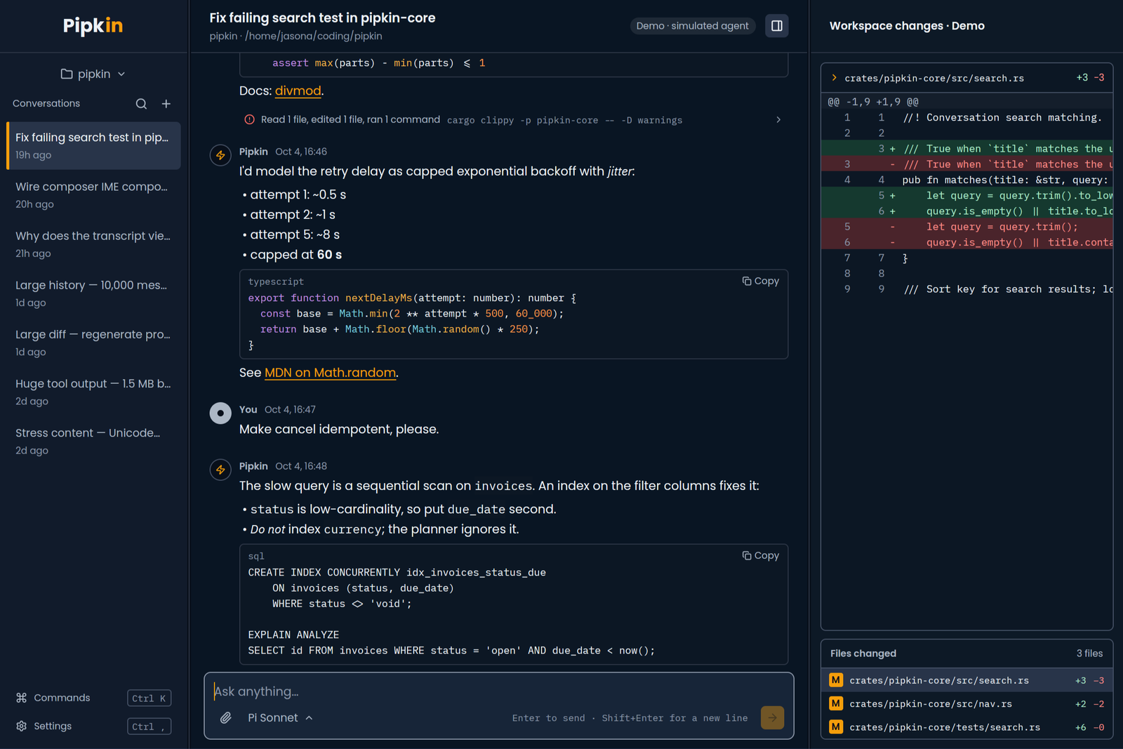 Pipkin's dark desktop interface: a simulated agent conversation, tool activity and a changes pane with file diffs